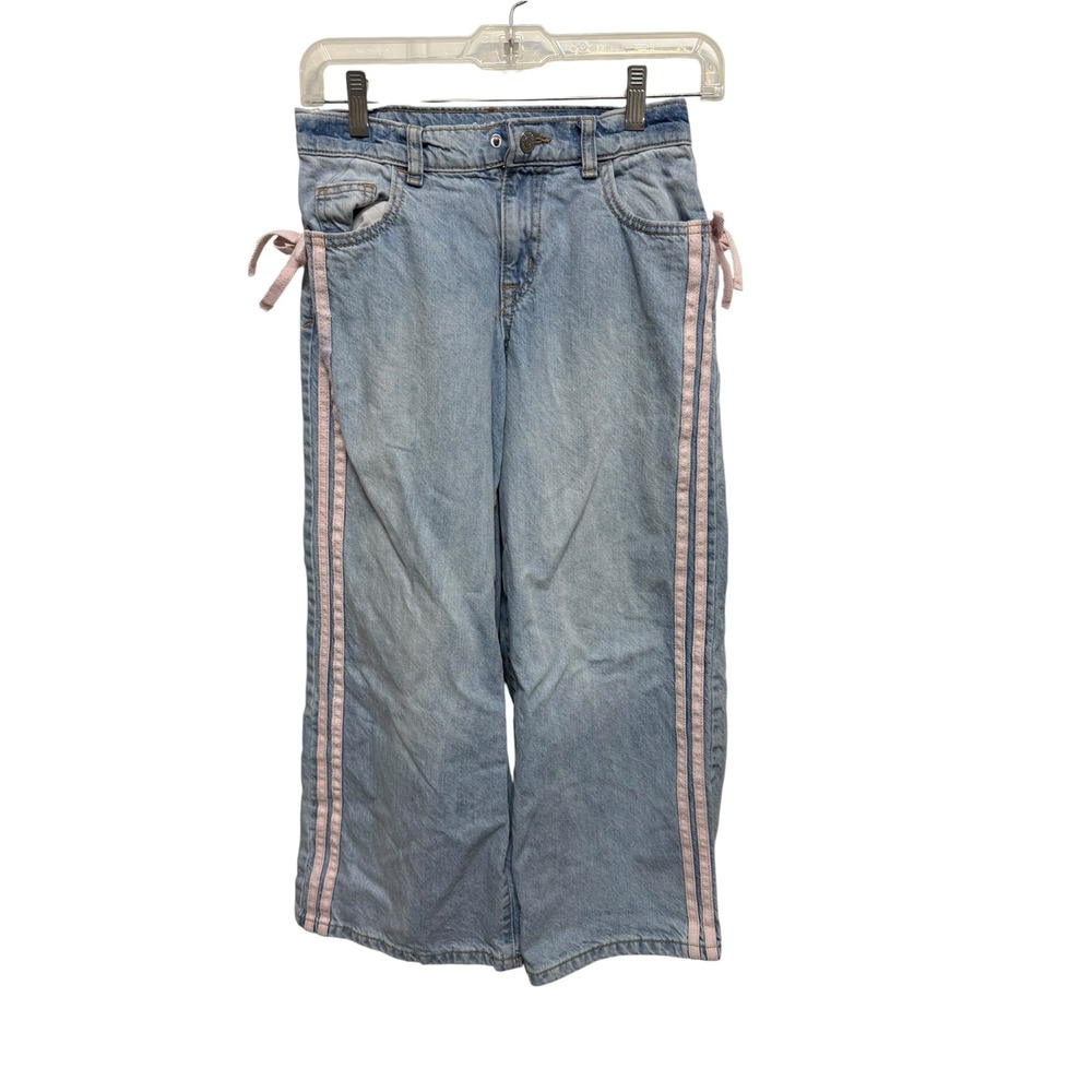 Cat & Jack Girls Size 10 Wide Leg Jeans Pink Side Stripe Bow Denim Y2K